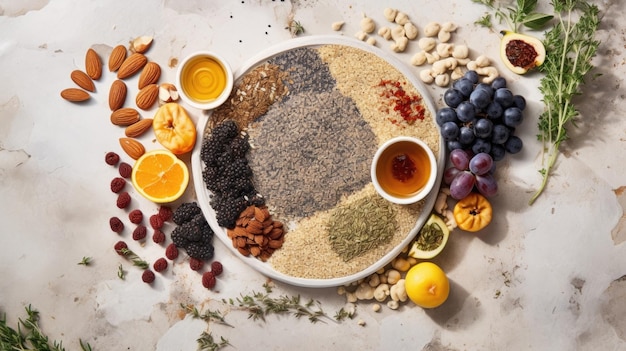 Художественный воздушный снимок семян чиа, выложенных на мраморной поверхности, окруженных различными ингредиентами, такими как орехи, мед и сушеные фрукты.