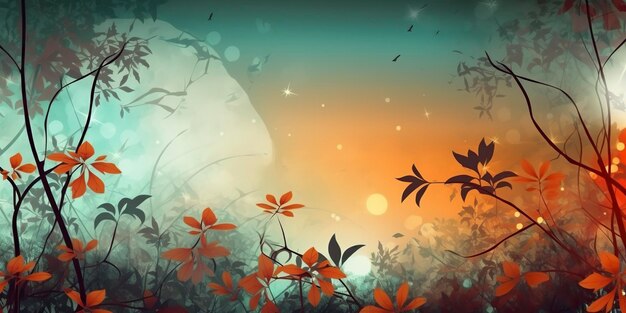 Artistic painted background with ornate branches flowers and central copy space AI Generated