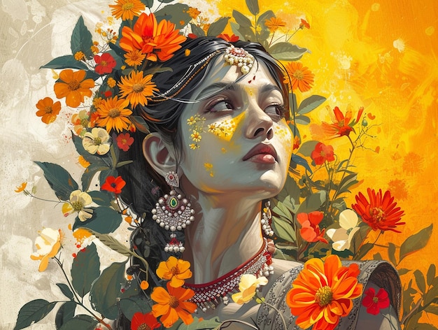 artistic painting of a beautiful indian woman with flowers