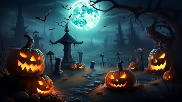 Концепция художественной живописи фона Хэллоуина с тыквой на жутком кладбище ночью