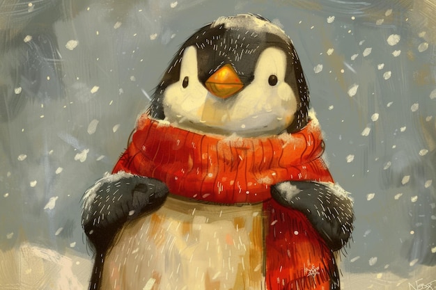 An artistic painting featuring a penguin gracefully adorned in a vibrant red scarf