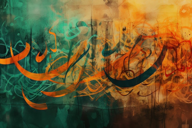 An artistic painting of a green and orange background with the words'eid'on it.