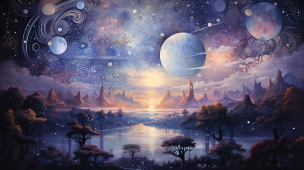 An artistic painting of a landscape with planets and trees ai