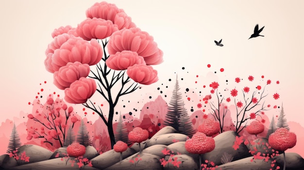 an artistic painting of pink trees and birds in the forest