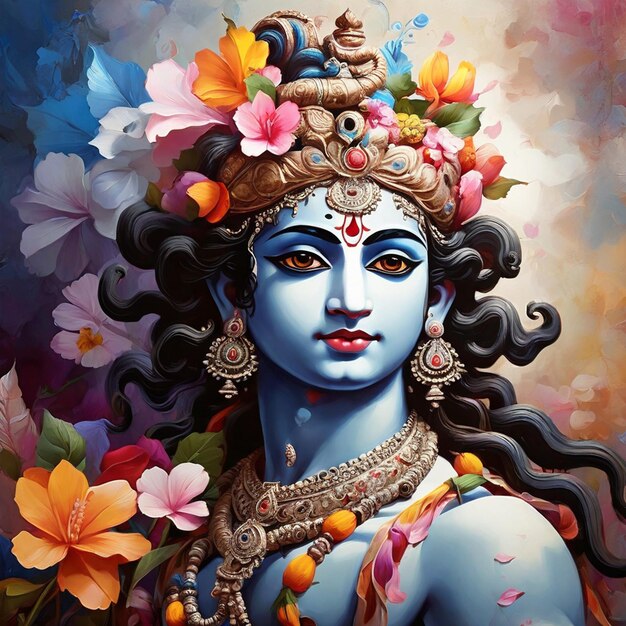 An artistic painting style of a lord krishna with a blue face and flowers image