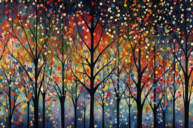 Artistic painting of trees in autumn forest with colorful bokeh