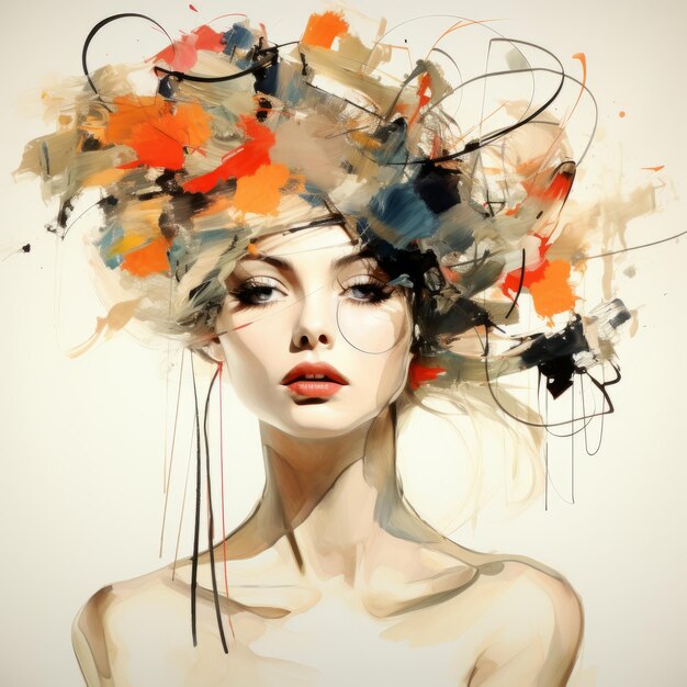 An artistic painting of a woman with an abstract headpiece