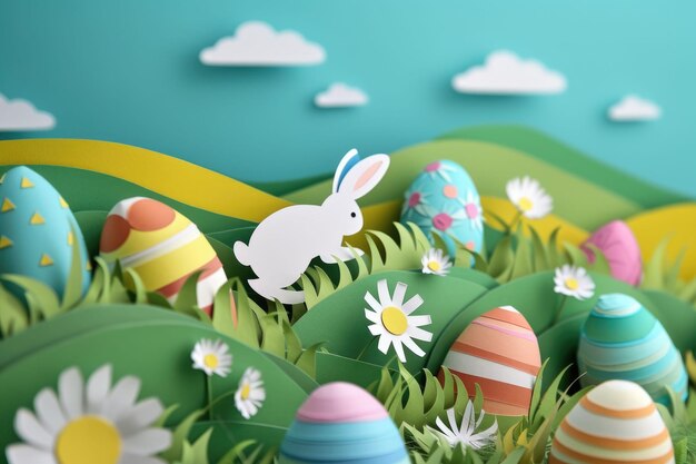 Photo artistic paper cut bunny and eggs in flowerfilled meadow aige