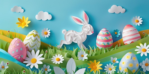 예술적 인 종이 절단 토끼와 달은 꽃으로 가득 찬 들판에 있습니다.