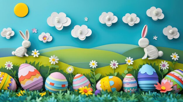 artistic paper cut bunny and eggs in flowerfilled meadow aige