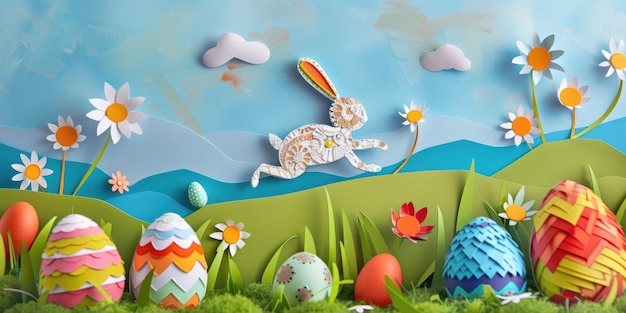 Artistic paper cut bunny and eggs in flowerfilled meadow aige