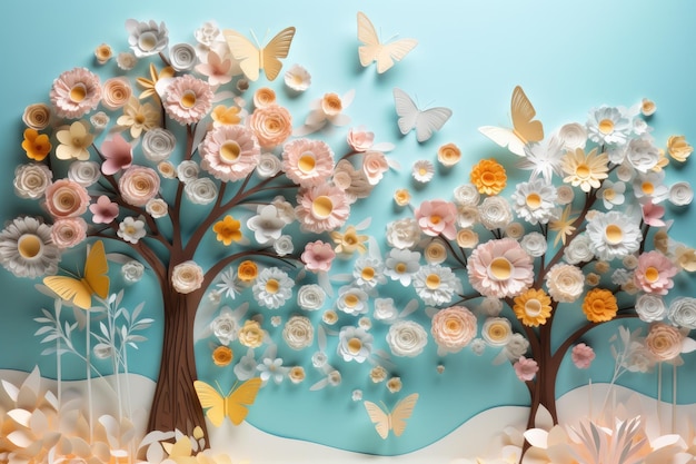 많은 꽃과 나비가 있는 꽃이 피는 나무와 함께 예술적인 종이 공예 Generative AI