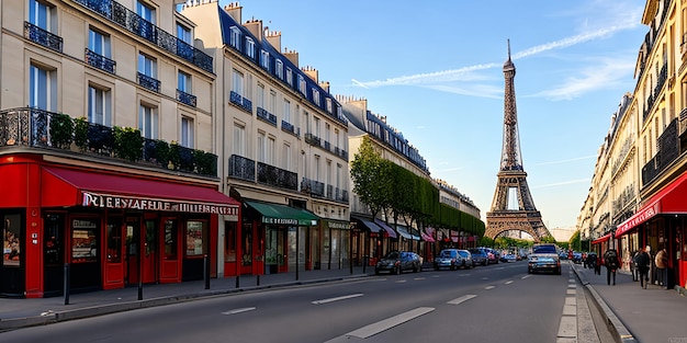 芸術的なパリ フランス エッフェル塔は赤いレトロリムジン車で通りから見えます