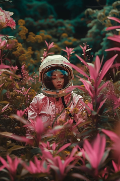 Artistic photo of a female astronaut among some strange alien flowers spacethemed poster design