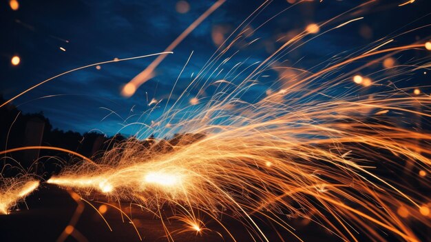 An artistic photo of fireworks with a long exposure creating a beautiful trail of lights in the sky