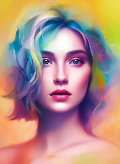 Artistic portrait of a beautiful woman with colorful hair and waving