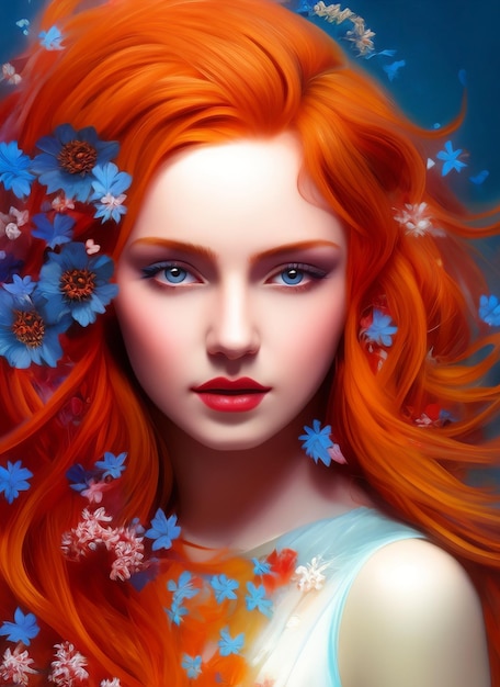 Artistic portrait of a beautiful woman with orange hair and blue flowers