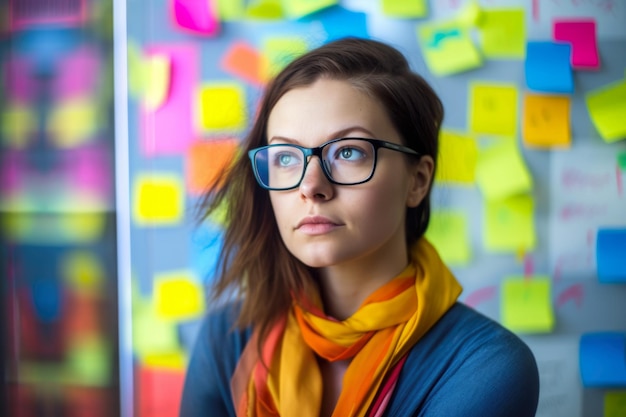 Artistic portrait of a female software developer wearing trendy glasses and a colorful scarf
