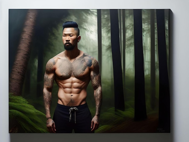 Artistic Portrait of Muscular Shirtless Asian Guy in The Forest with Tattoos Illustration