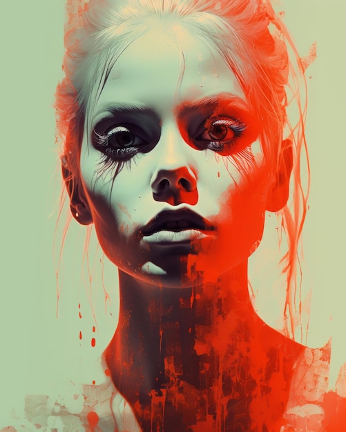 an artistic portrait of a woman with blood on her face