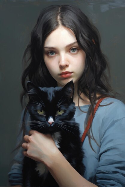 Photo artistic portrait of a young woman with a black cat against a grey background