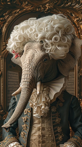 Photo an artistic portrayal of an elephant dressed in ornate baroque clothing and a classical wig set