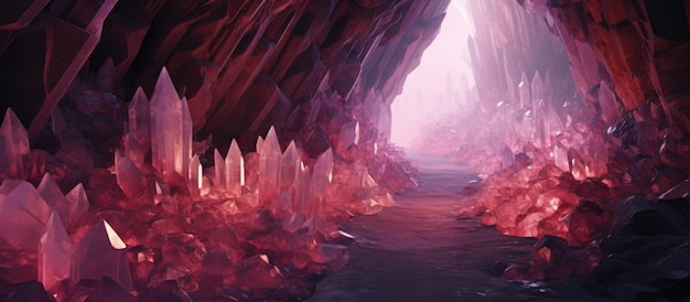 Photo artistic portrayal of expansive pinkred crystal cave tunnels