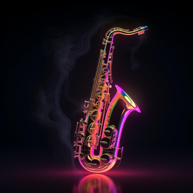 an artistic portrayal of a neon saxophone resonating with a radiant aura