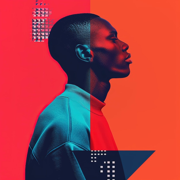 鮮やかな対照的な色で若い黒人男性の芸術的なプロフィール肖像画