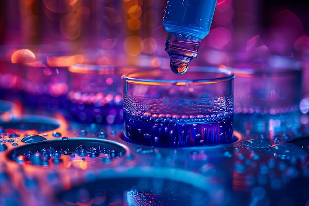 Photo artistic rendering of a blood sample and a milk sample being stained for microscopic examination with vibrant colors highlighting their structures