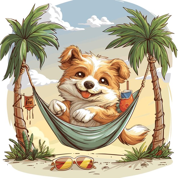 An artistic rendering of a dog lounging in a hammock between two palm trees with a tropical drink i