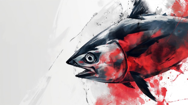 Художественное изображение рыбы с яркими красными и черными штрихами на белом фоне