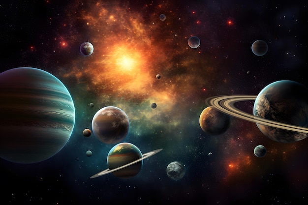 Художественное изображение солнечной системы или галактики с яркими цветами и текстурами Generative Ai