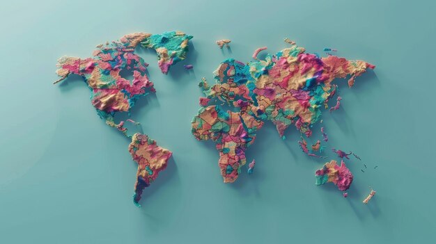 Artistic rendering of a textured world map in vibrant colors symbolizing diversity and connectivity