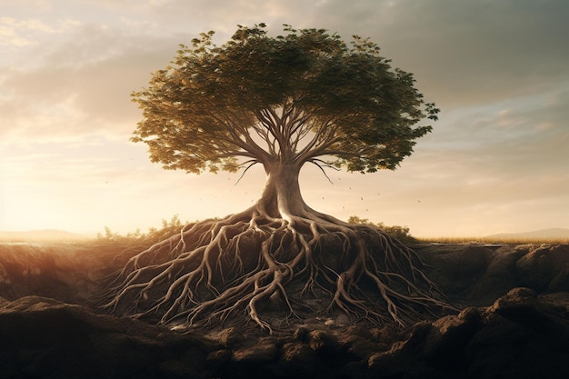 An artistic rendering of a tree with roots Generative ai