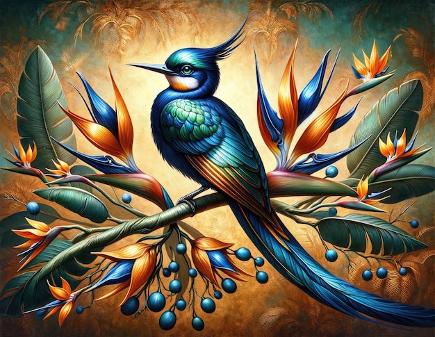 Artistic rendering of a vibrant blue bird amidst ornate botanical elements on a golden textured background