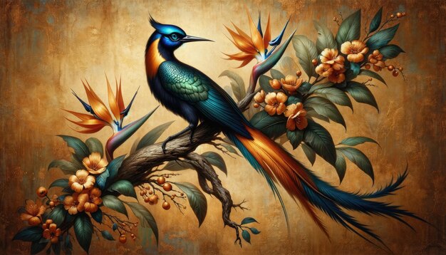 Artistic rendering of a vibrant blue bird amidst ornate botanical elements on a golden textured background