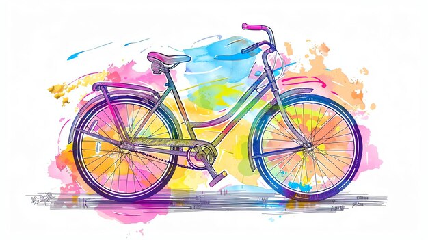 Photo artistic rendering of a vintage bicycle painted in bright rainbow colors against a complementary abstract background