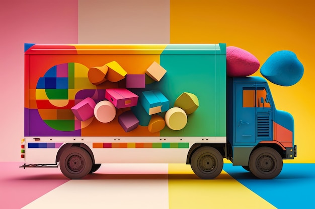 Artistic rendition of a delivery truck with an array of colorful packages