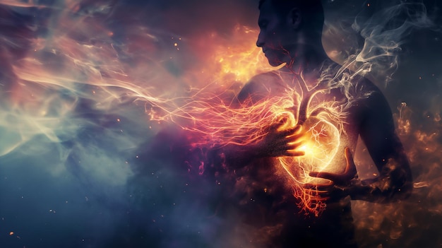Художественное изображение человека с огненным сердцем, окруженного дымящимися яркими пламенами.