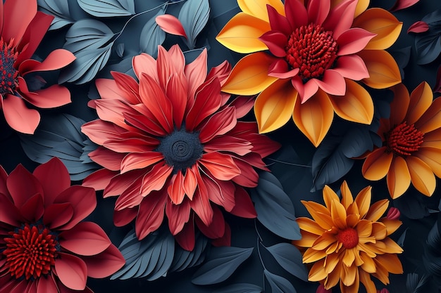 Artistic representation of blooming flowers with overlapping leaves and petals