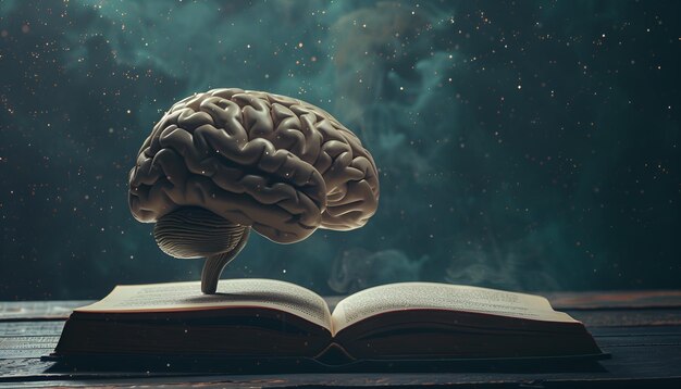 artistic representation of a brain on top of an open book with a dark moody background highlighting the depth and enigma of human intellect