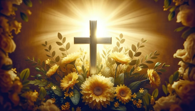 An artistic representation of a Christian cross glowing with radiant light surrounded by vibrant yellow flowers conveying a message of faith hope and resurrection