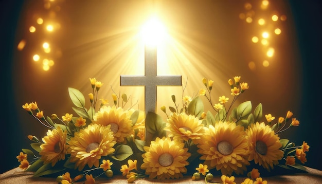 An artistic representation of a Christian cross glowing with radiant light surrounded by vibrant yellow flowers conveying a message of faith hope and resurrection