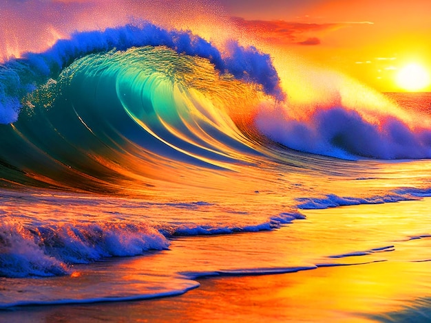 Artistic representation of a daytime sea wave with a stunning sunset as the background capturing the