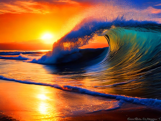 Photo artistic representation of a daytime sea wave with a stunning sunset as the background capturing the