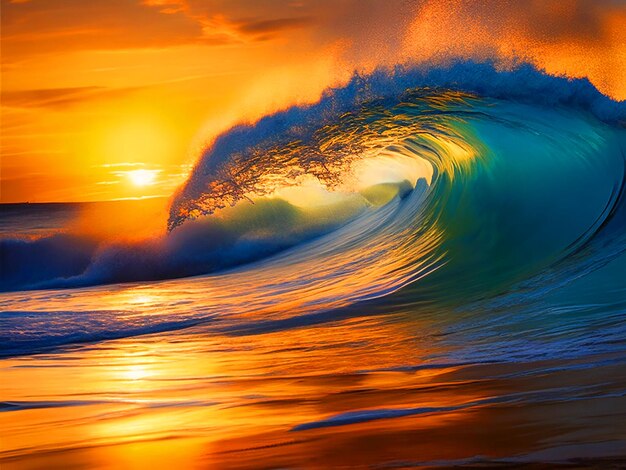 Photo artistic representation of a daytime sea wave with a stunning sunset as the background capturing the
