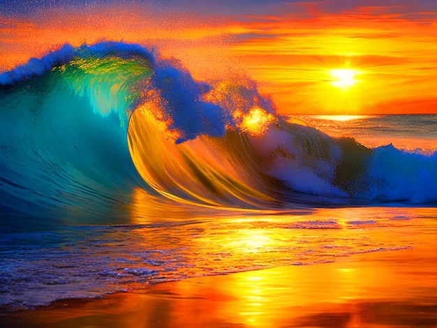 Photo artistic representation of a daytime sea wave with a stunning sunset as the background capturing the