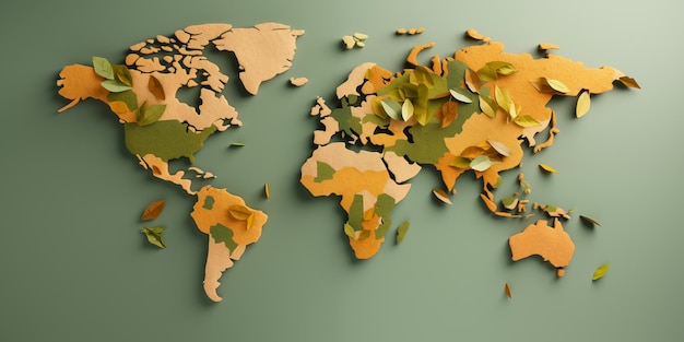 Художественное изображение земного шара с текстурами земляных тонов и зелеными листьями, украшающими континенты на пышном зеленом фоне
