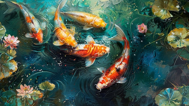 浮かぶ 水蓮 が 飾ら れ て いる やか な 池 で 優雅 に 泳ぐ コイ 魚 の 芸術 的 な 描写